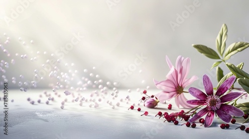 Artistic 3D render of a complete immune support kit Vitamin D sun rays, Zinc particles, elderberries, and echinacea petals on a minimalist background