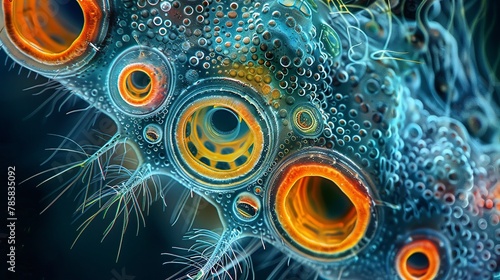 Closeup electron microscopic view of plankton at 100x zoom, highlighting intricate details in scientific color