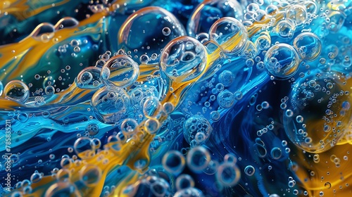 Vibrant, glossy bubbles in a liquid acid fantasy, with blue and yellow colors weaving through intricate details