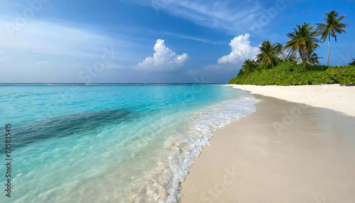 Blue sky and white sand beach. Beautiful sea with calm waves. Maldives.