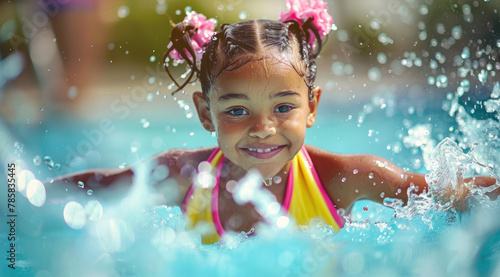 Little girls playing in the water park, wearing a pink and yellow swimming suit, splashing in a blue pool background, a fun activity for kids during summer vacation