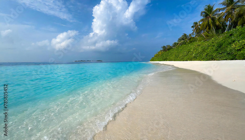 Blue sky and white sand beach. Beautiful sea with calm waves. Maldives. photo