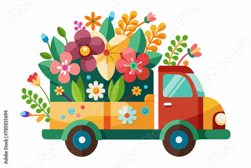 A charming cartoon truck adorned with vibrant flowers rolls along on a white background.