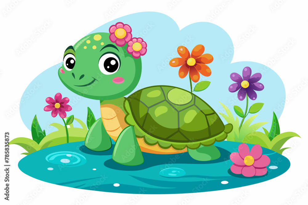 Fototapeta premium Turtle animal cartoon charmingly decorated with flowers.