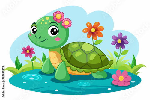 Turtle animal cartoon charmingly decorated with flowers.