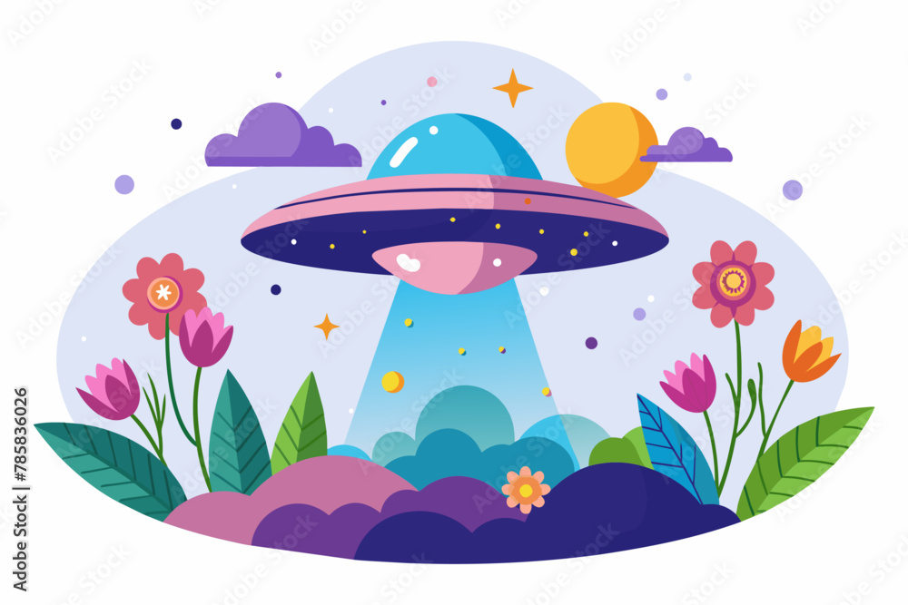 Fototapeta premium A charming UFO adorned with flowers floats serenely against a white backdrop.