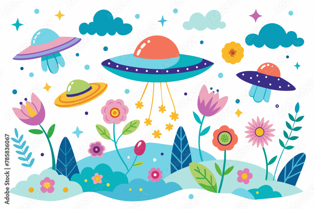 Ufos sky charming with flowers on a white background. Ufos sky charming with flowers on a white background.