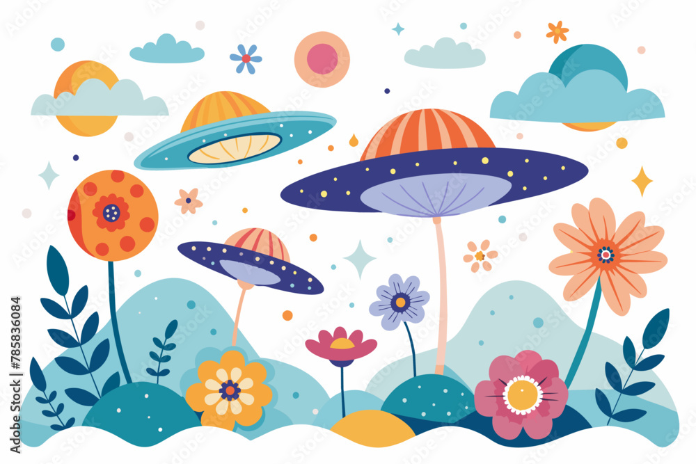 Naklejka premium Charming UFOs adorn the sky with a whimsical display of flowers against a pristine white backdrop.