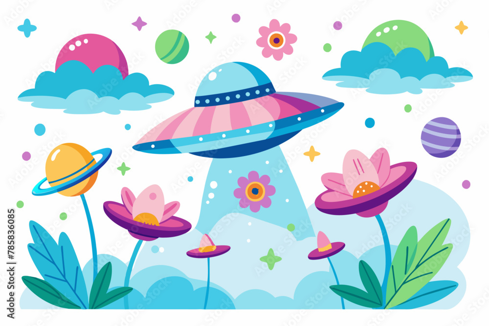 Naklejka premium Charming UFOs adorned with flowers float against a pristine white sky.