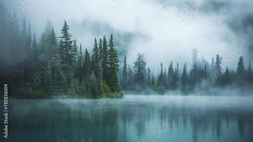 Fog blankets a tranquil lake nestled among trees on a mountain, creating a serene and mystical scene. Generative AI © kovalovds