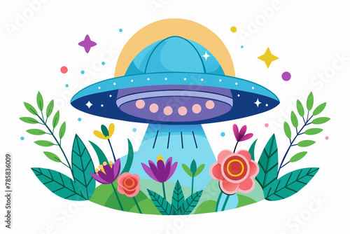 A mysterious UFO hovers in a picturesque sky adorned with vibrant flowers, creating a whimsical and enchanting scene.