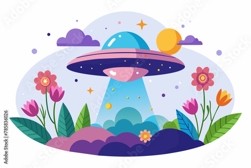 A charming UFO adorned with flowers floats serenely against a white backdrop.