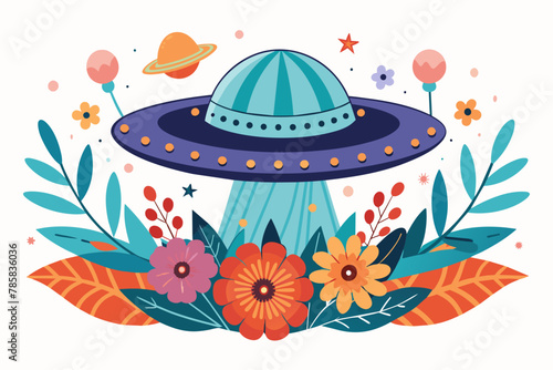 A charming UFO floats in the sky adorned with vibrant flowers against a pristine white backdrop.