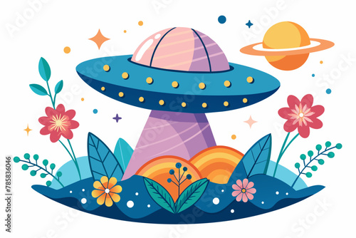 A charming UFO hovers in a sky adorned with colorful flowers, creating a whimsical and otherworldly scene.
