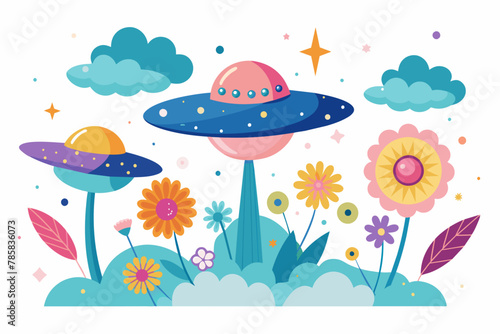 Ufos sky charming with flowers on a white background.