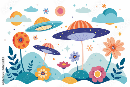 Charming UFOs adorn the sky with a whimsical display of flowers against a pristine white backdrop.