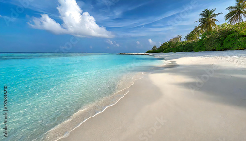 青い空と白い砂浜。穏やかな波を持つ美しい海。モルディブ。Blue sky and white sand beach. Beautiful sea with calm waves. Maldives.