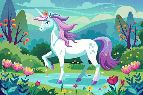A charming unicorn adorned with colorful flowers stands gracefully on a pristine white background.