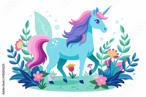 A unicorn with a golden horn stands gracefully amidst a meadow of vibrant flowers, its ethereal presence captivating against a pristine white backdrop.