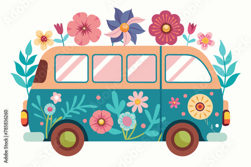Charming cartoon van adorned with vibrant flowers against a pristine white background.