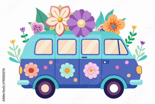 A charming van cartoon with colorful flowers adorns a pure white background.