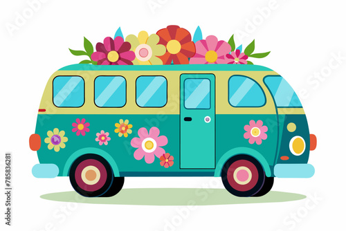 Cartoon image of a charming Van with flowers on a white background.