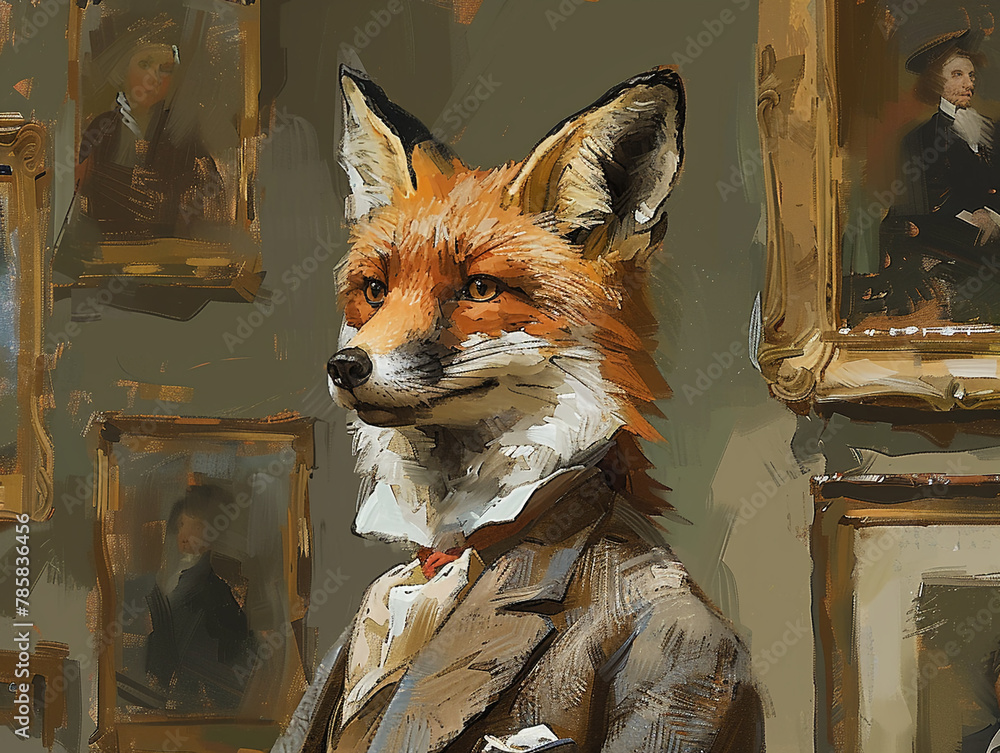 Obraz premium At an art gallery a fox in human form as an art curator
