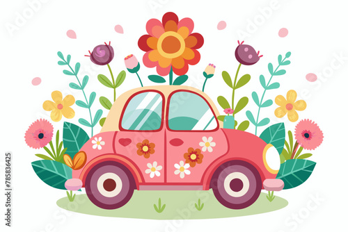 A charming cartoon vehicle adorned with vibrant flowers embellishes a pristine white background.