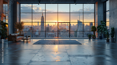 sunrise in the city,
Empty loft unfurnished contemporary interior office with city skyline and buildings from glass window photo
