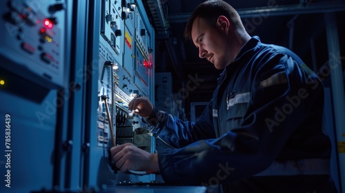 A technician examines the control panel, main system sensors, electromechanical drives, and power management systems