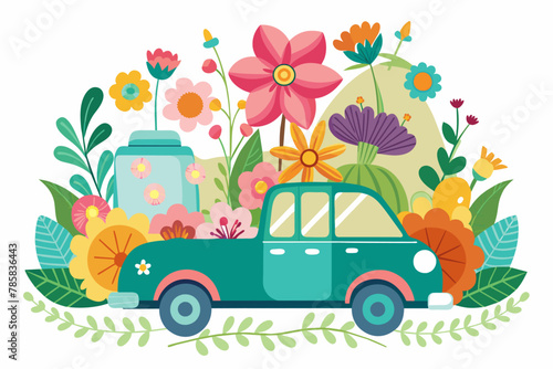 Charming vehicles decorated with vibrant flowers against a pristine white background.