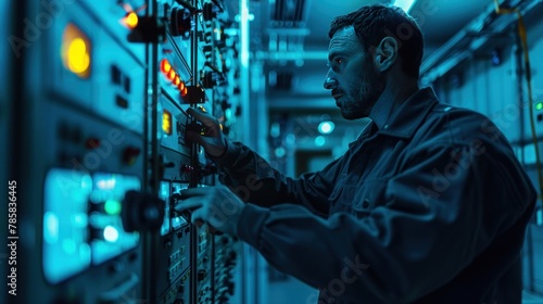 A technician examines the control panel, main system sensors, electromechanical drives, and power management systems