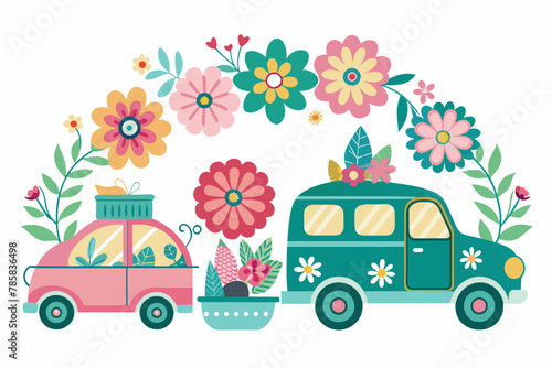 Charming vehicles adorned with colorful flowers against a pristine white backdrop.