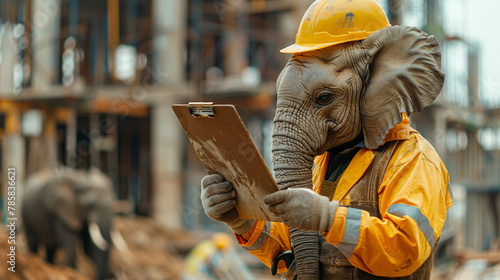 On a construction site an elephant in human form wearing a hard hat and a tool belt