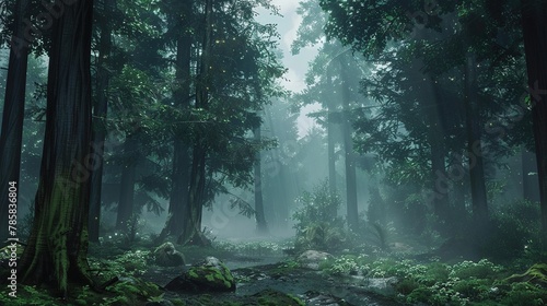 A dense forest shrouded in fog evokes an ethereal and mysterious atmosphere. Fantasy landscape. Generative AI