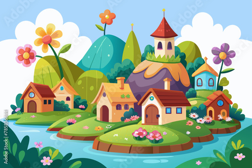 Charming cartoon village adorned with vibrant flowers, set against a pristine white background.