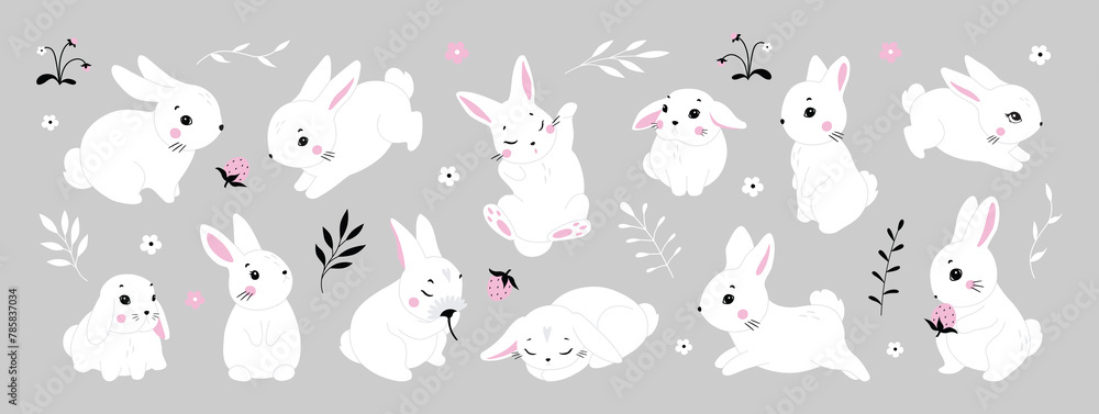 Cute white rabbit in various poses. Rabbit animal icon isolated on background. For Moon Festival, Chinese Lunar Year of the Rabbit, Easter decor. White Easter bunny, hare. Wild animals, baby animals