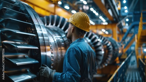 Close up of engineer inspecting low pressure turbine during inspection in turbine maintenance factory