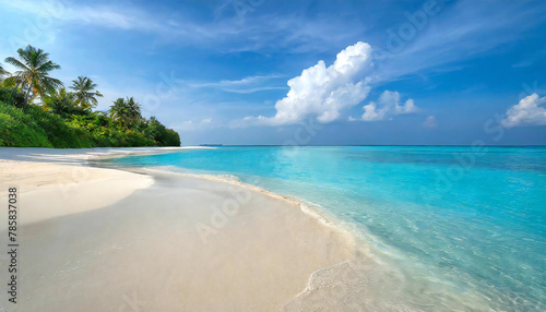 Blue sky and white sand beach. Beautiful sea with calm waves. Maldives.