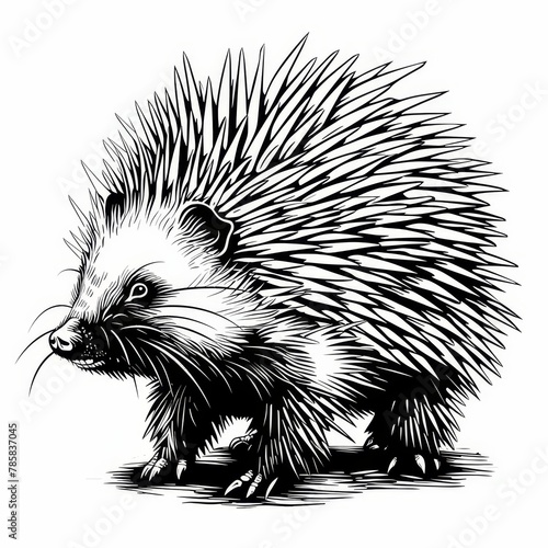 An illustration of a porcupine done in black and white.