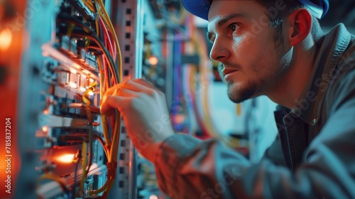 A technician examines the control panel, main system sensors, electromechanical drives, and power management systems photo