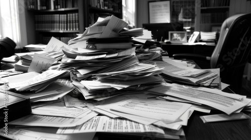 At the end of a long day a paralegals desk is covered in a chaotic mess of papers reflecting the intense and fastpaced nature of their job as they navigate through various legal documents . photo