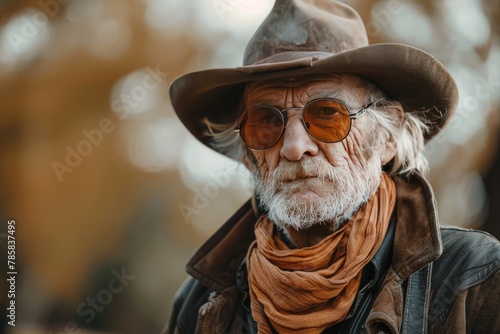 An elderly cowboy in a worn hat and sunglasses.
