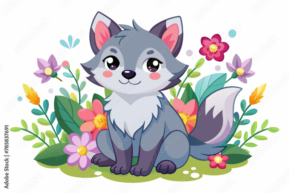 Cute wolf animals in charming cartoon style adorned with vibrant flowers. Cute wolf animals in charming cartoon style adorned with vibrant flowers.