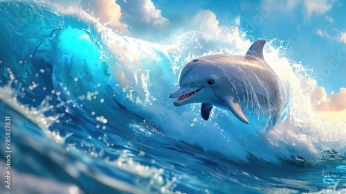 banner background National Dolphin Day theme  and wide copy space  A cartoon dolphin riding a wave with a big grin on its face