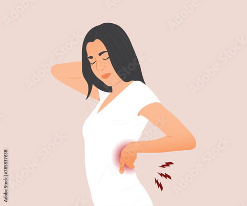 Young woman with long hair suffering from back pain, neck pain, health problems, muscle inflammation or osteomyelitis.Vector illustration.
