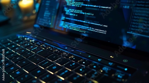 Laptop with code on screen, closeup, hacker aesthetic, dark theme , 8k © Phanuwhat