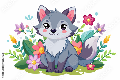 Cute wolf animals in charming cartoon style adorned with vibrant flowers.