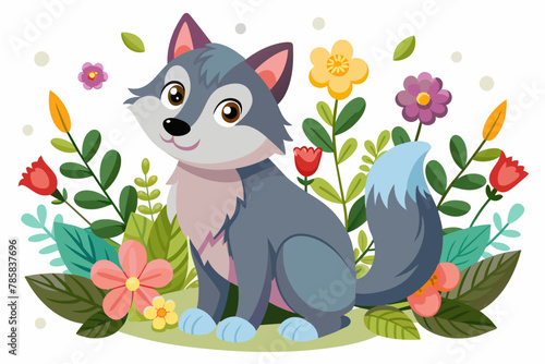 Charming wolf animal adorned with flowers, depicted in a cartoonish style.