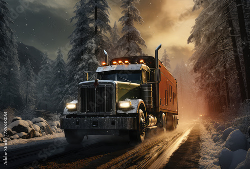 Truck driving game with truck on the road  realistic  game art style  action movie poster  red and dark gray tones. Created with Ai